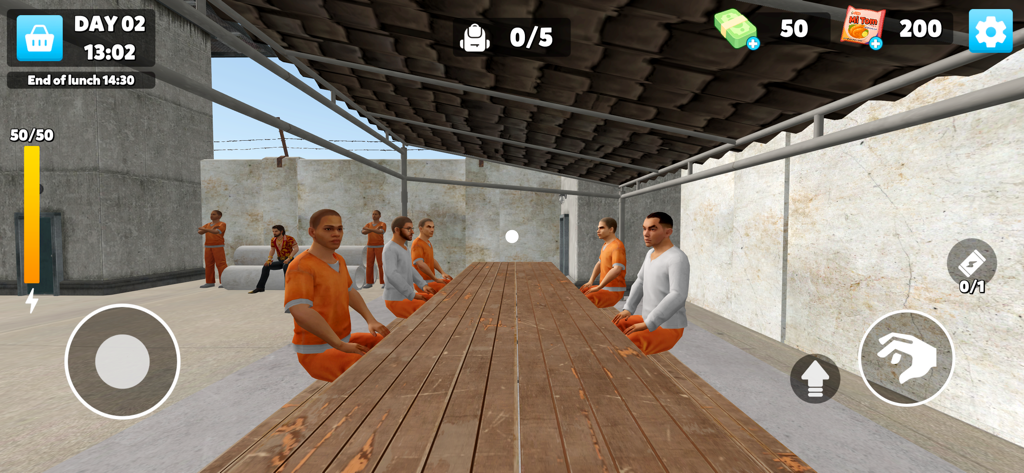 Prison inmates in orange jumpsuits sitting at long wooden tables in a prison yard scene from Mission X Justice mobile game.