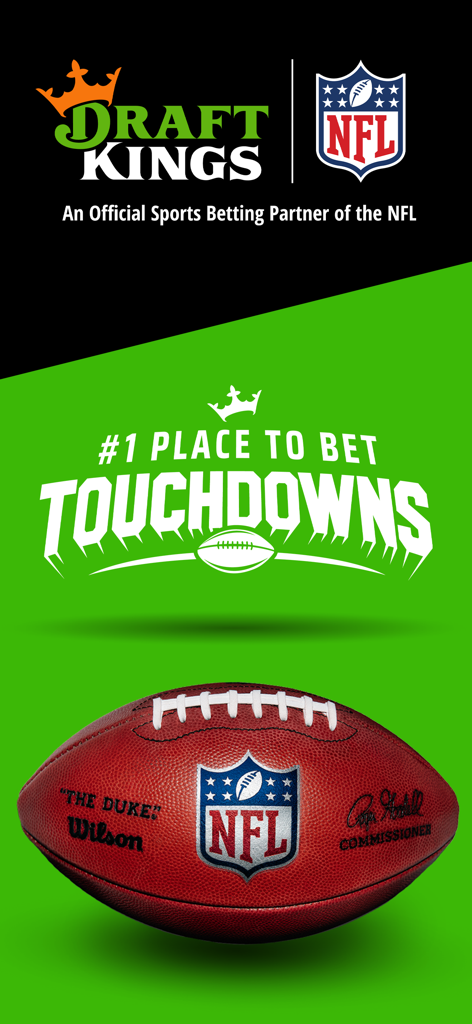 DraftKings Sportsbook app screenshot showing NFL official partnership and touchdown betting promotion