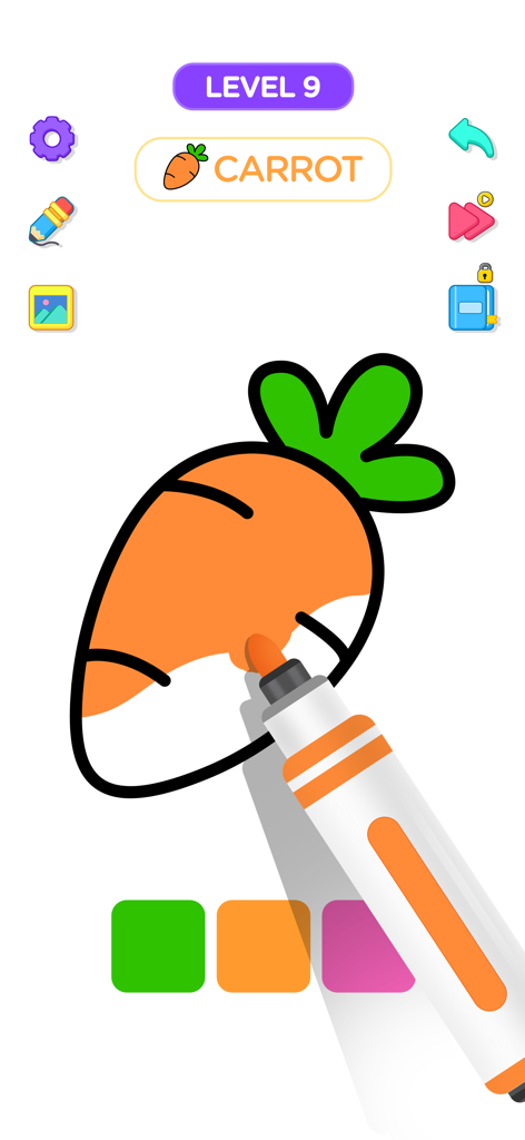 Coloring Book ASMR Drawing - A digital coloring interface showing an orange marker coloring a carrot sketch in the Coloring Book ASMR app