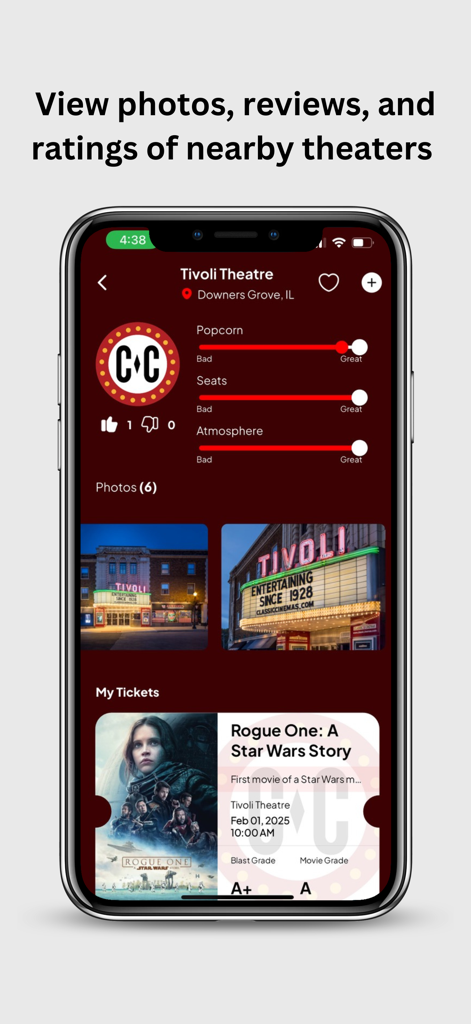 Blast Movie App - Une capture d'écran de la page de détail du cinéma de l'application Blast Movie montrant les évaluations et un billet de film virtuel.