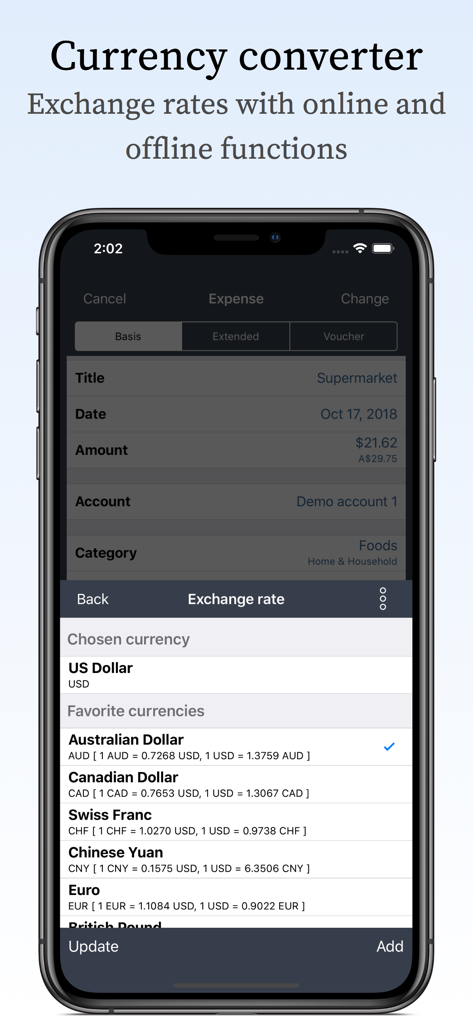 My Budget Book Pro Edition - Currency converter interface showing exchange rates for multiple global currencies within the My Budget Book Pro Edition app