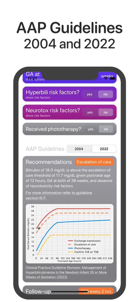 Bilirubin: Bilitool Bili Tool - Bilitool mobile app interface showing bilirubin treatment recommendations and AAP guidelines graph.