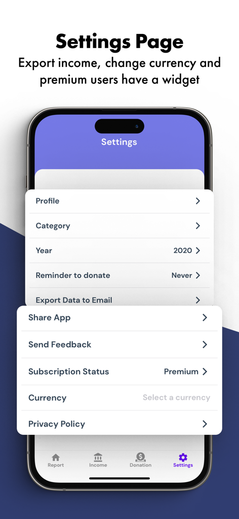 Menu de configurações do Relatório de Dízimo SUD mostrando opções para perfil, ano, lembretes de doação e exportação de dados.