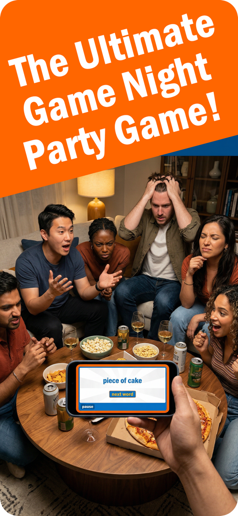 Phrase Frenzy - Catch It! - A group of diverse friends playing Phrase Frenzy party game during a game night with pizza and drinks