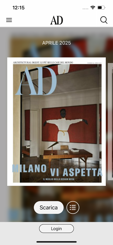 AD Italia - AD Italia 앱의 2025년 4월호 표지가 나온 스크린샷으로, 인테리어 디자인 장면과 'Milano vi aspetta'라는 헤드라인이 표시됩니다.