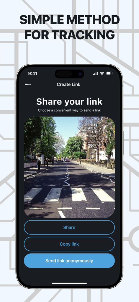 iLoca: Phone Tracker Location - iLoca app screen showing options to share or copy a tracking link and a button to send the link anonymously
