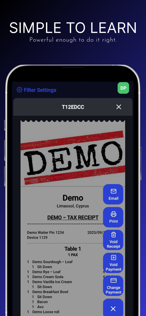 Sally POS - Sally POS mobile Oberfläche, die eine digitale Steuerquittung mit Optionen zum E-Mailen, Drucken und Stornieren von Transaktionen anzeigt.