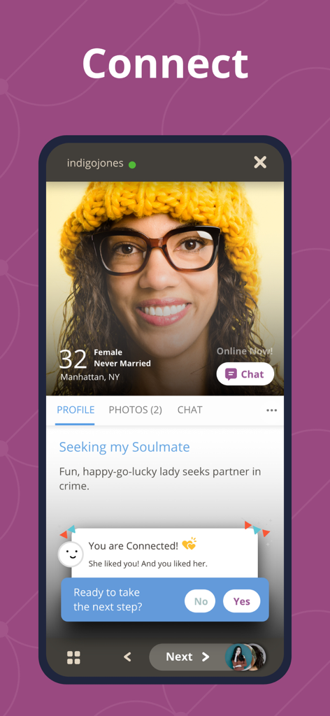 SoulSingles - Black Dating - SoulSingles dating app interface showing a user profile and a mutual connection notification