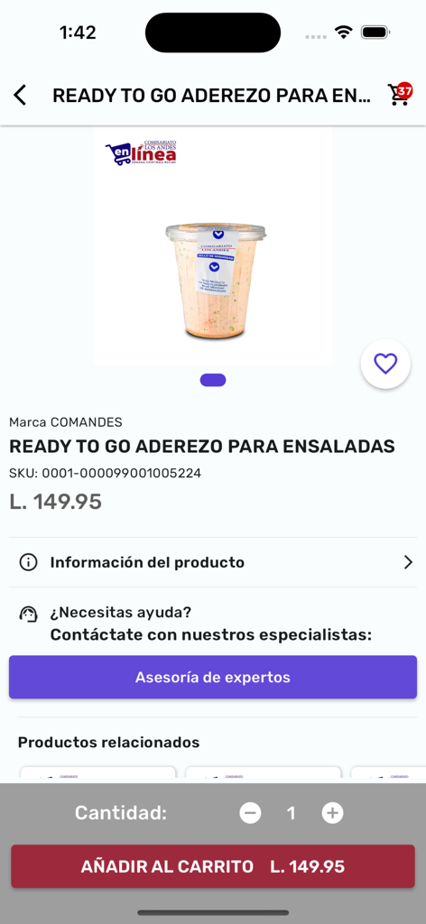 Comisariato Los Andes - Página de detalles del producto para aderezo en la aplicación móvil Comisariato Los Andes