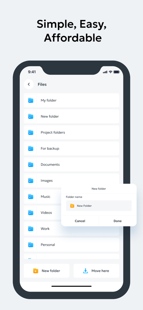 Zip & Unzip Files - Extractor - Pantalla de smartphone que muestra la interfaz de una aplicación de extracción de archivos con varias carpetas y una ventana emergente para crear una nueva carpeta