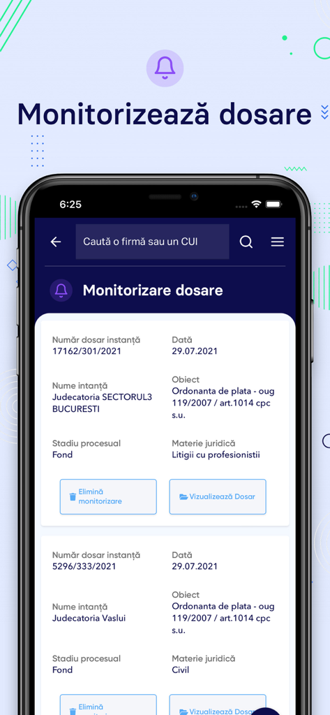 Termene.ro - Smartphone interface of the Termene.ro app showing legal case monitoring and business alerts.