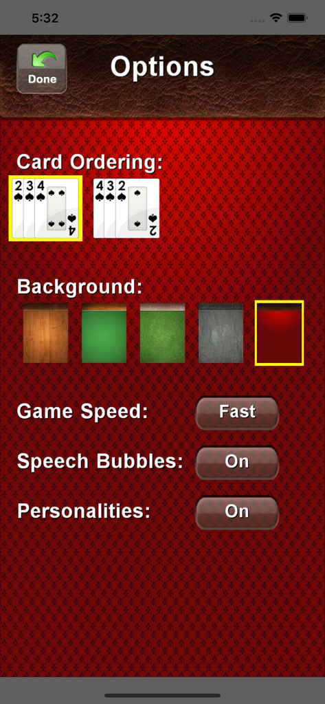 A tela de opções do app do jogo de cartas Wizard, onde os usuários podem personalizar a ordem das cartas, o estilo do fundo, a velocidade do jogo e outras preferências.