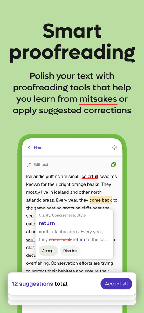 Kagi Translate 스마트 교정 기능은 텍스트 수정 및 스타일 제안을 강조합니다.