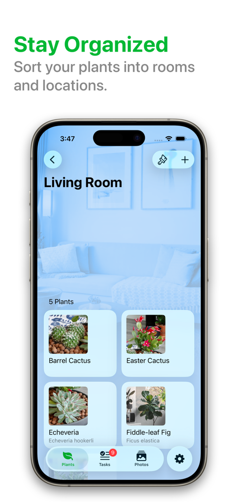 PlantPal: Plant Care - PlantPal app interface showing plants organized in a living room category