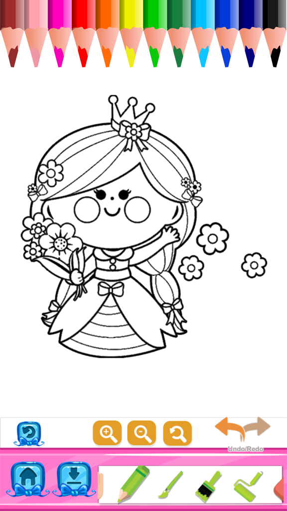 Princess Coloring Book Draw Paint for Kids & Adult - Interfaz de la aplicación de libro de colorear de princesas con un dibujo lineal de una princesa y varias herramientas para colorear