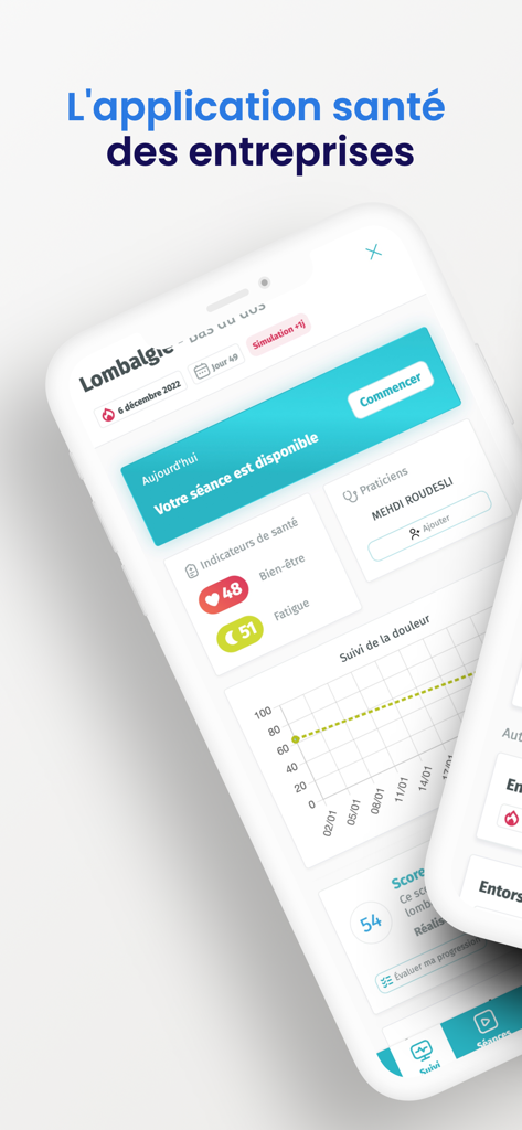 Recov'up - Interface do aplicativo de saúde corporativa Recovup exibindo rastreamento de progresso de tratamento de dor lombar e indicadores de saúde