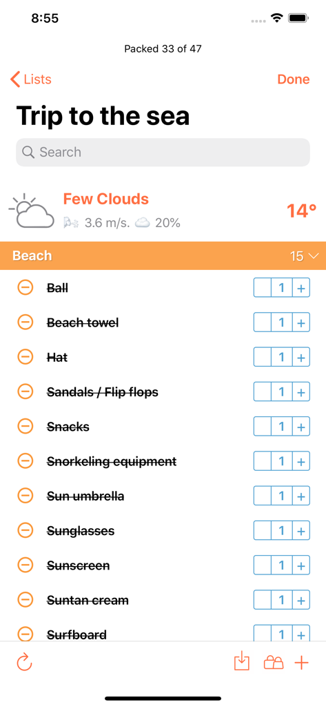 ToPack Mobile App Bildschirm mit einer Packliste für einen Strandurlaub