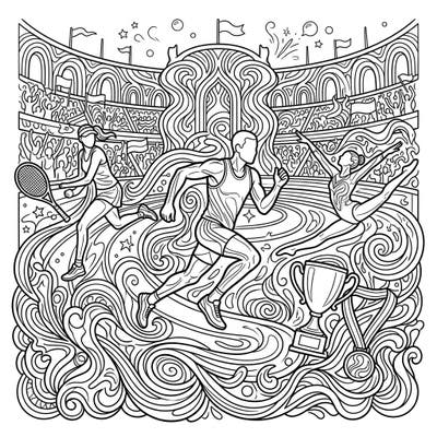 Immerse yourself in the thrilling world of major sports events with this unique coloring page, blending athletic dynamism with a mesmerizing psychedelic twist. Featuring a runner, tennis player, and gymnast surrounded by flowing, surreal patterns, it promises an engaging creative escape.