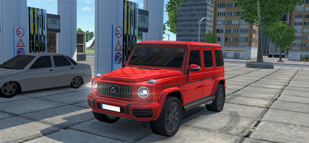 Offroad G63 - A red luxury G63 SUV parked at a gas station in city mode