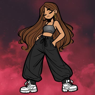 girl in baggy pants crop top and long hair