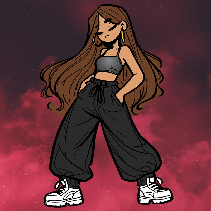 girl in baggy pants crop top and long hair