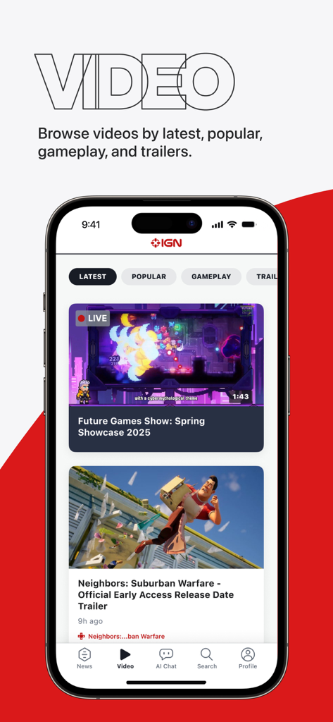 Pantalla de smartphone que muestra la sección de video de la aplicación IGN con los últimos tráilers de juegos y metraje de juego