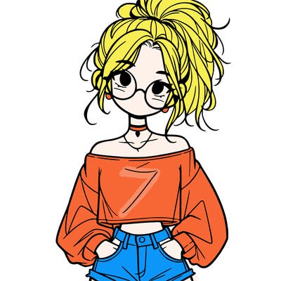 girl with a messy ponytail glasses a baggy crop top and jean shorts