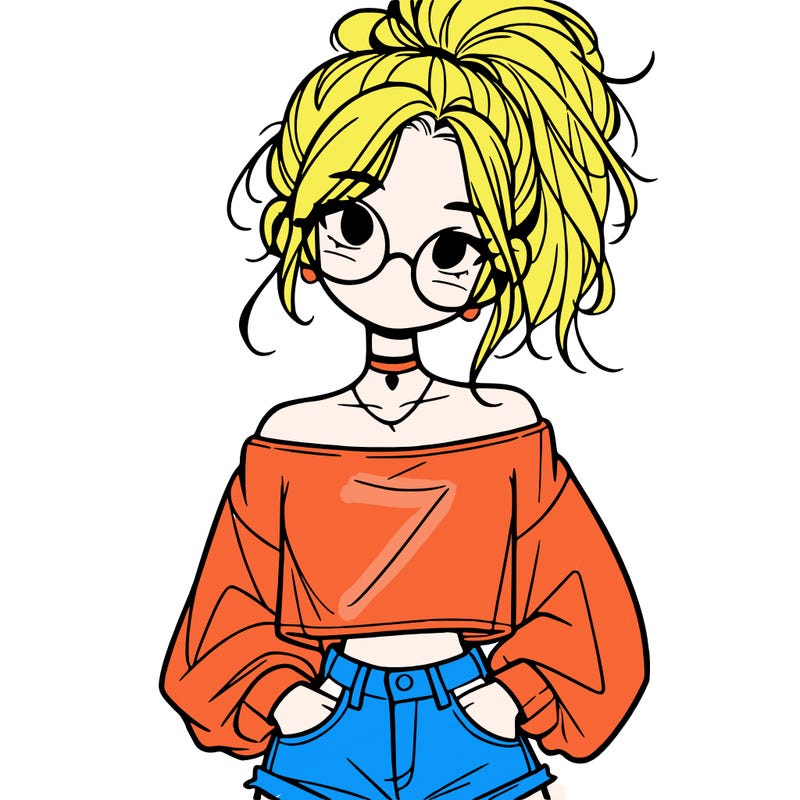 girl with a messy ponytail glasses a baggy crop top and jean shorts
