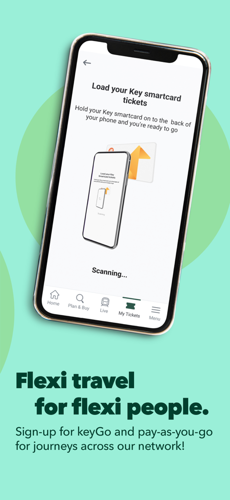 A smartphone scanning a Key smartcard using the Southern Railway mobile app for contactless travel.