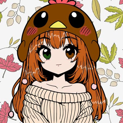 anime girl with chick shaped hat with sweater with bare shoulders with bangs covering them one eye with low tail