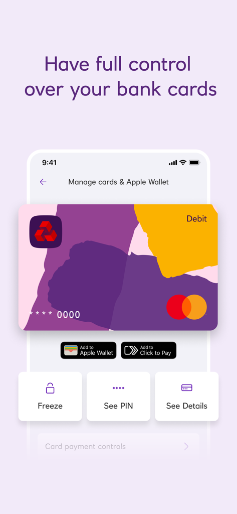 NatWest International - NatWest International app screen showing debit card management options like freeze card and see PIN