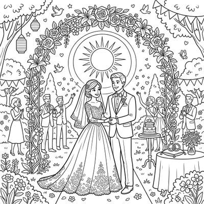 Step into a beautiful world where love shines bright! This delightful coloring page captures a joyful wedding celebration under the enchanting glow of a sun halo, perfect for young colorists.