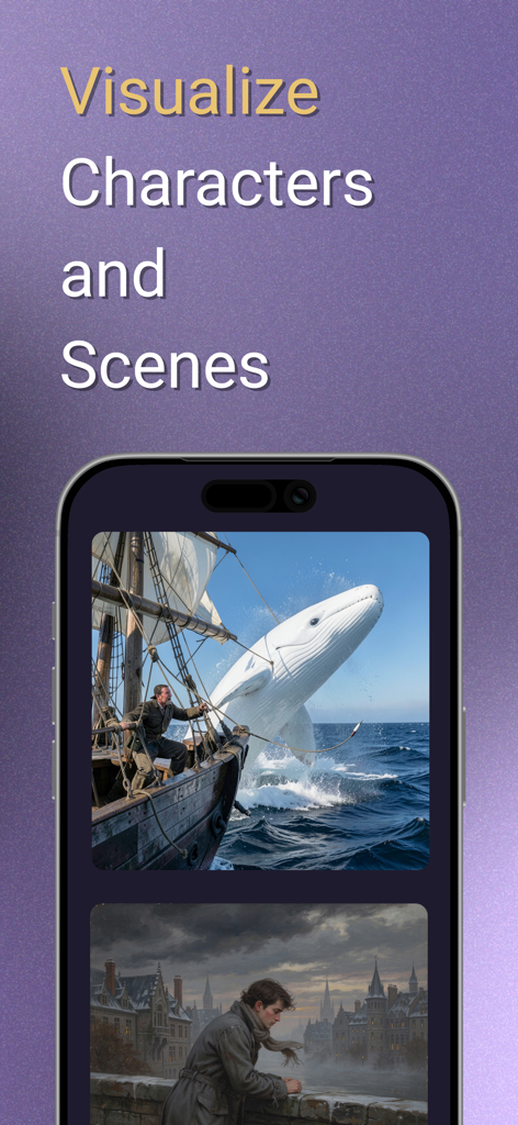 Fabl – Immersive Reading - Smartphone screen displaying AI generated illustrations of classic book scenes in the Fabl app