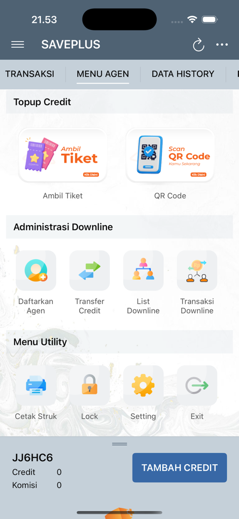 SAVEPLUS - Agent menu interface of the SAVEPLUS app showing downline administration and transaction tools