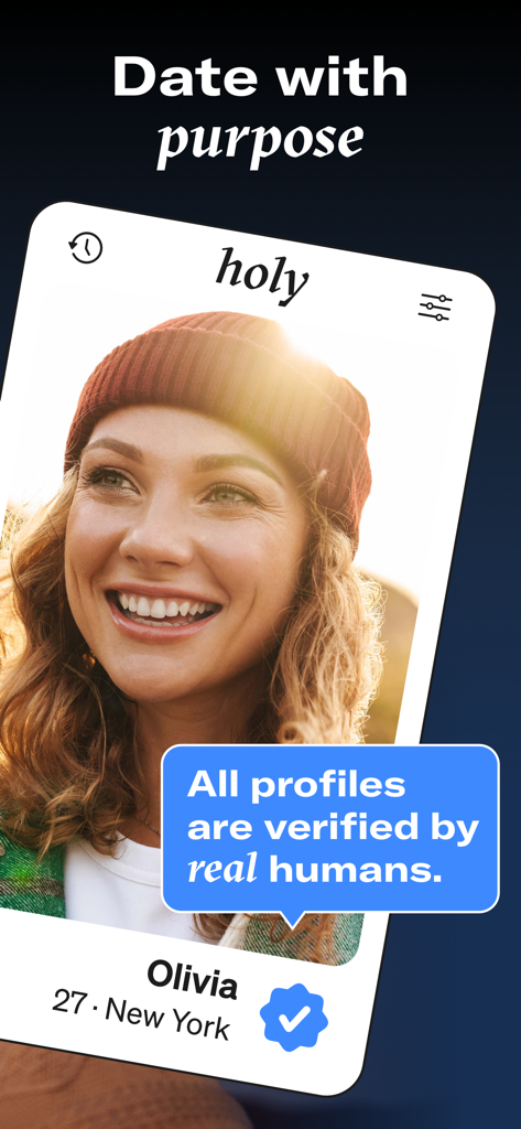 Holy — Christian Dating App - A profile on the Holy dating app showing a verified user with the slogan date with purpose