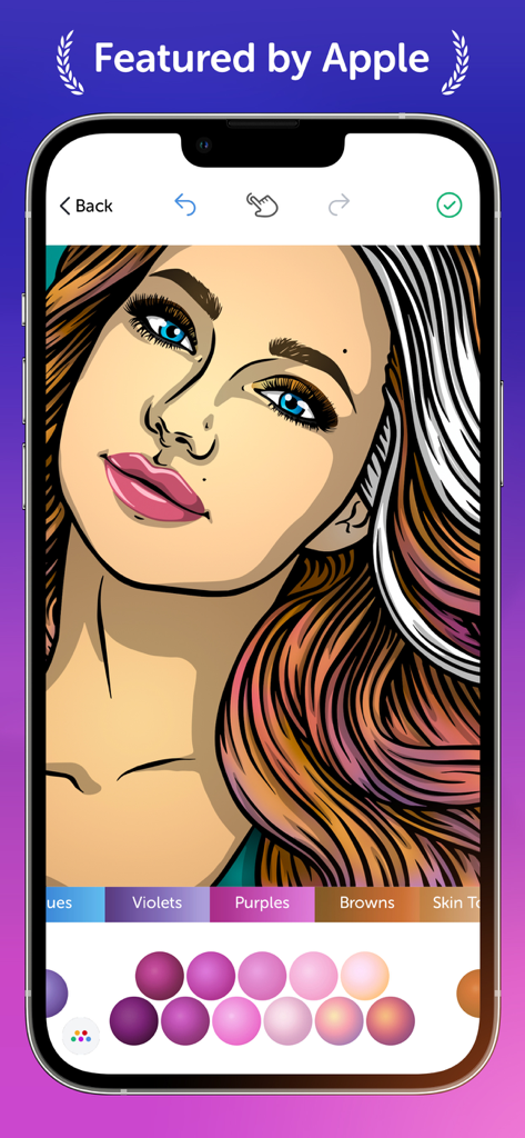 Interface of the Recolor adult coloring app showing a detailed portrait of a woman being colored with various palettes