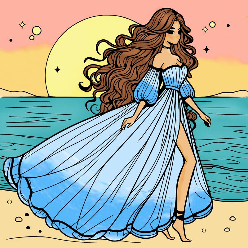 beautiful woman with a vaporous long dress walking on the beach at the noon, detailed art