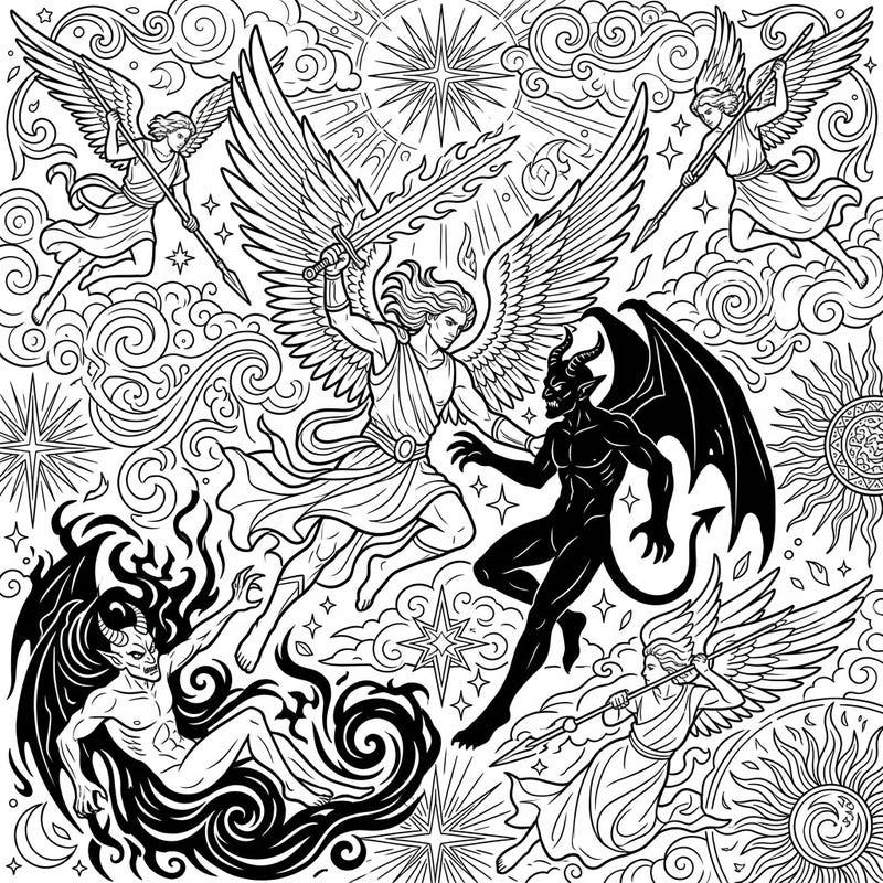Witness an awe-inspiring clash between divine angels and formidable demons in this dynamic coloring template. Explore intricate details and celestial power as you bring this legendary conflict to life.