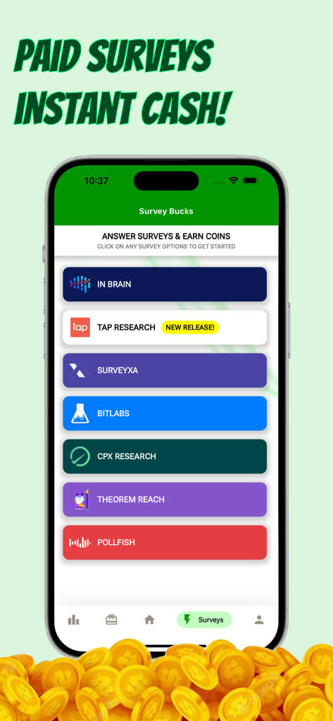Earn Money with Survey Bucks - BitLabsやPollfishなどのさまざまな有料アンケートプロバイダーが表示されたSurvey Bucksアプリインターフェースを示すiPhone画面