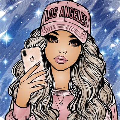 realistic beautiful girl wearing los ángeles cap holding an iphone