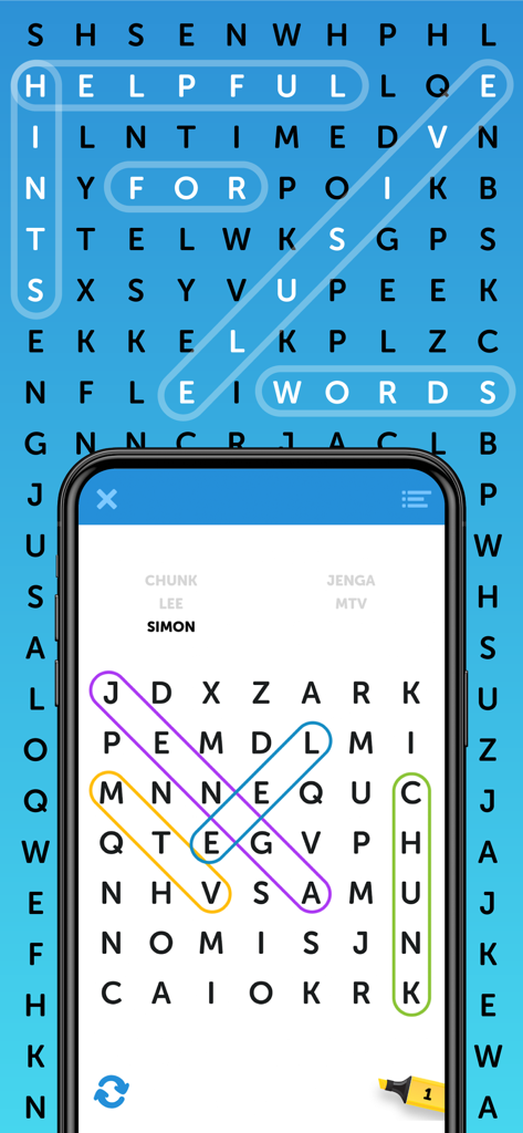 Simple Word Search Puzzles - Una cuadrícula de crucigrama clásica en la pantalla de un teléfono móvil con palabras resaltadas de colores