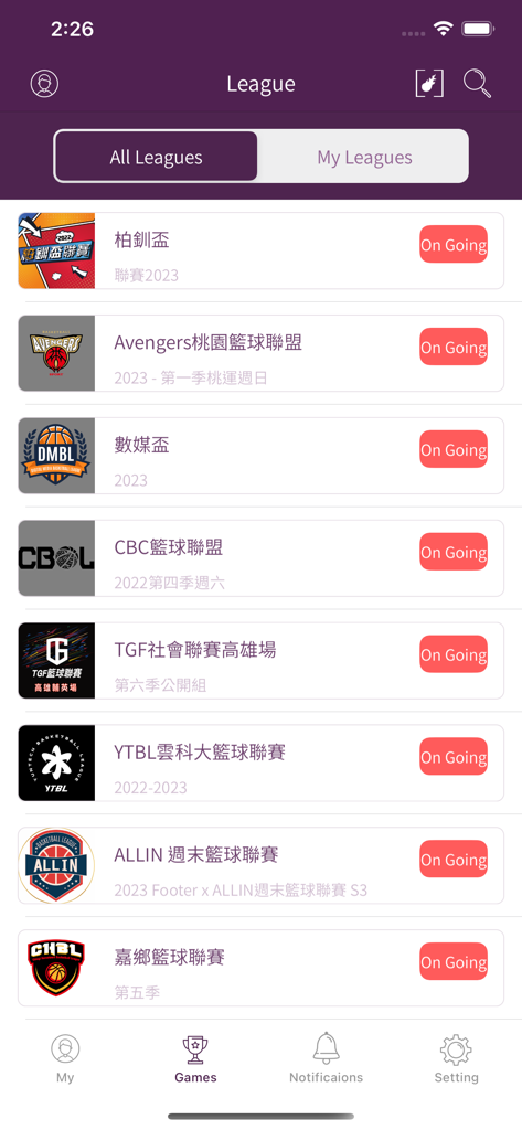 GoHoops app screen showing a list of active basketball leagues and competitions