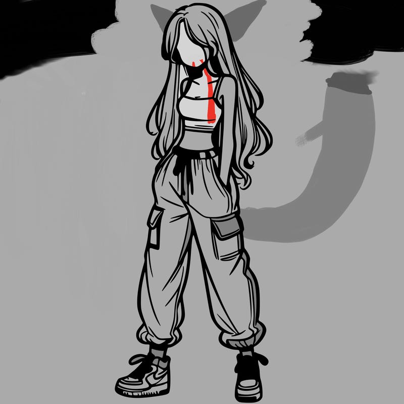 girl in baggy pants crop top and long hair