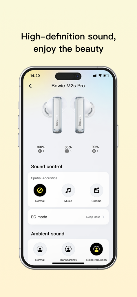 Baseus app interface showing battery levels and audio control options for Bowie M2s Pro earbuds