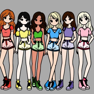 a group of girls wearing crop tops and shorts
