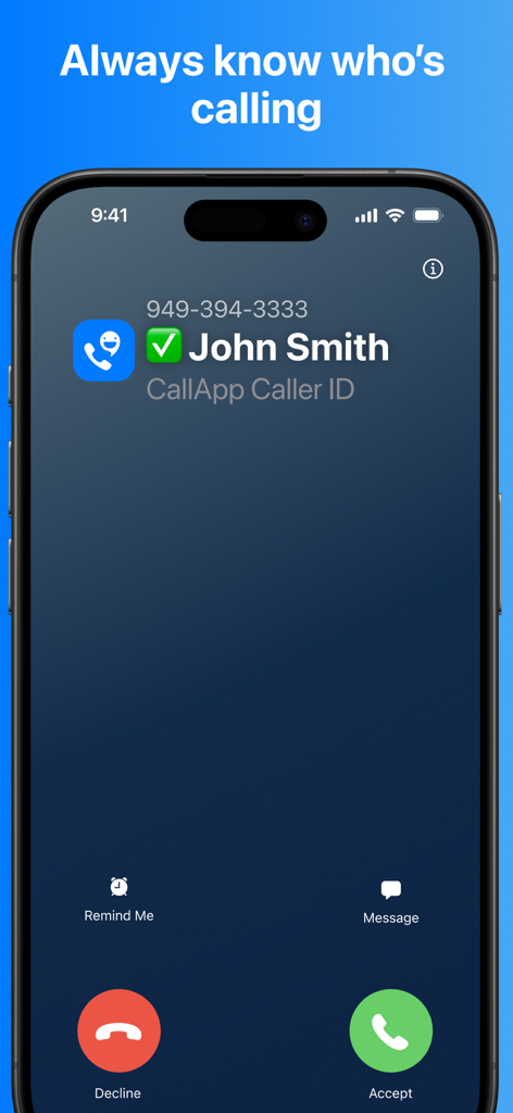 CallApp - iPhone画面にCallAppが表示され、John Smithからの着信を検証済みチェックマーク付きで特定