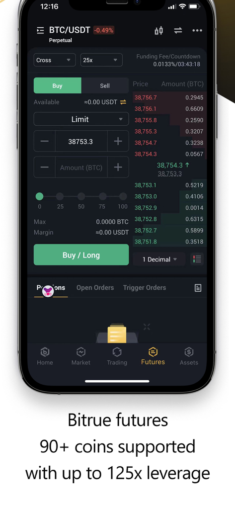 Bitrue - Buy BTC XRP & Crypto - Bitrue mobile app showing futures trading interface with 125x leverage