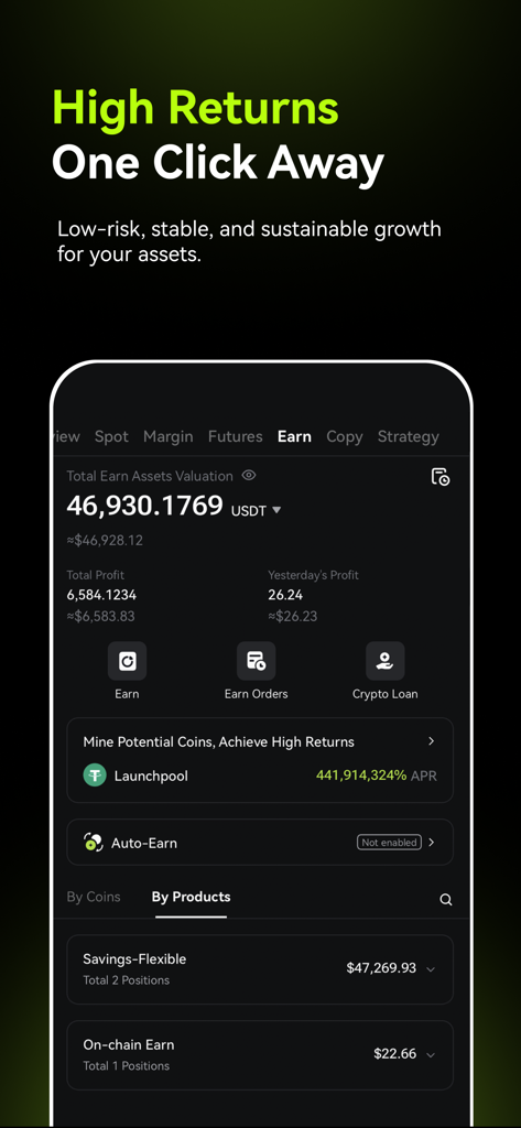 XT.com: Buy Bitcoin & Ethereum - Screenshot of the XT.com mobile app Earn page showing crypto asset valuation and high-yield savings options.