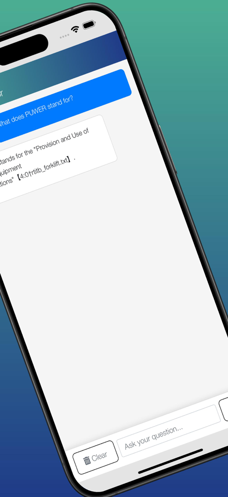 Forklift Theory Test - Smartphone screen showing the AI tutor feature of the Forklift Theory Test app answering a question