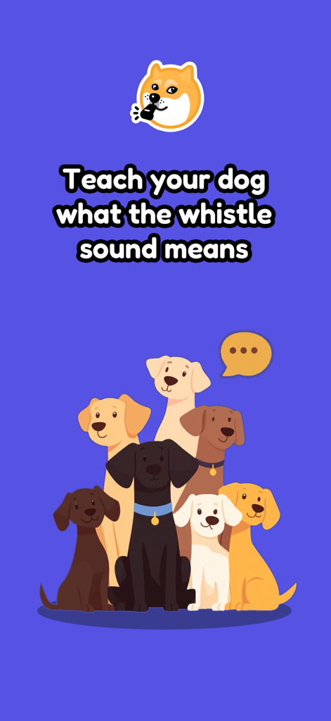 Dog Whistle & Clicker App - Un grupo de diversos perros de dibujos animados escuchando instrucciones de entrenamiento con silbato.